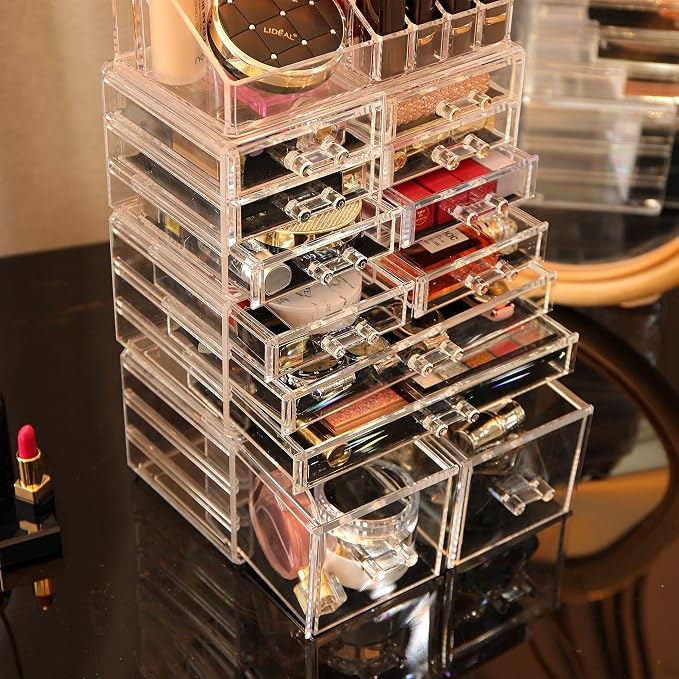 Cq acrylic 4 Pack Clear Makeup Organizer Countertop,Stackable 12 Drawers Skincare Organizer,Cute Skin Care Organizer for Vanity Hair Clip,Jewelry,Beauty Product Desk and Make Up Organizers for Vanity