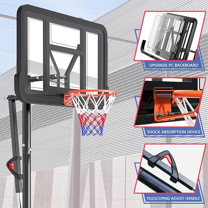 Portable Basketball Hoop Outdoor, Adjustable Height 5.5-10FT Basketball Goal with Heavy-Duty Steel Frame & Wheels