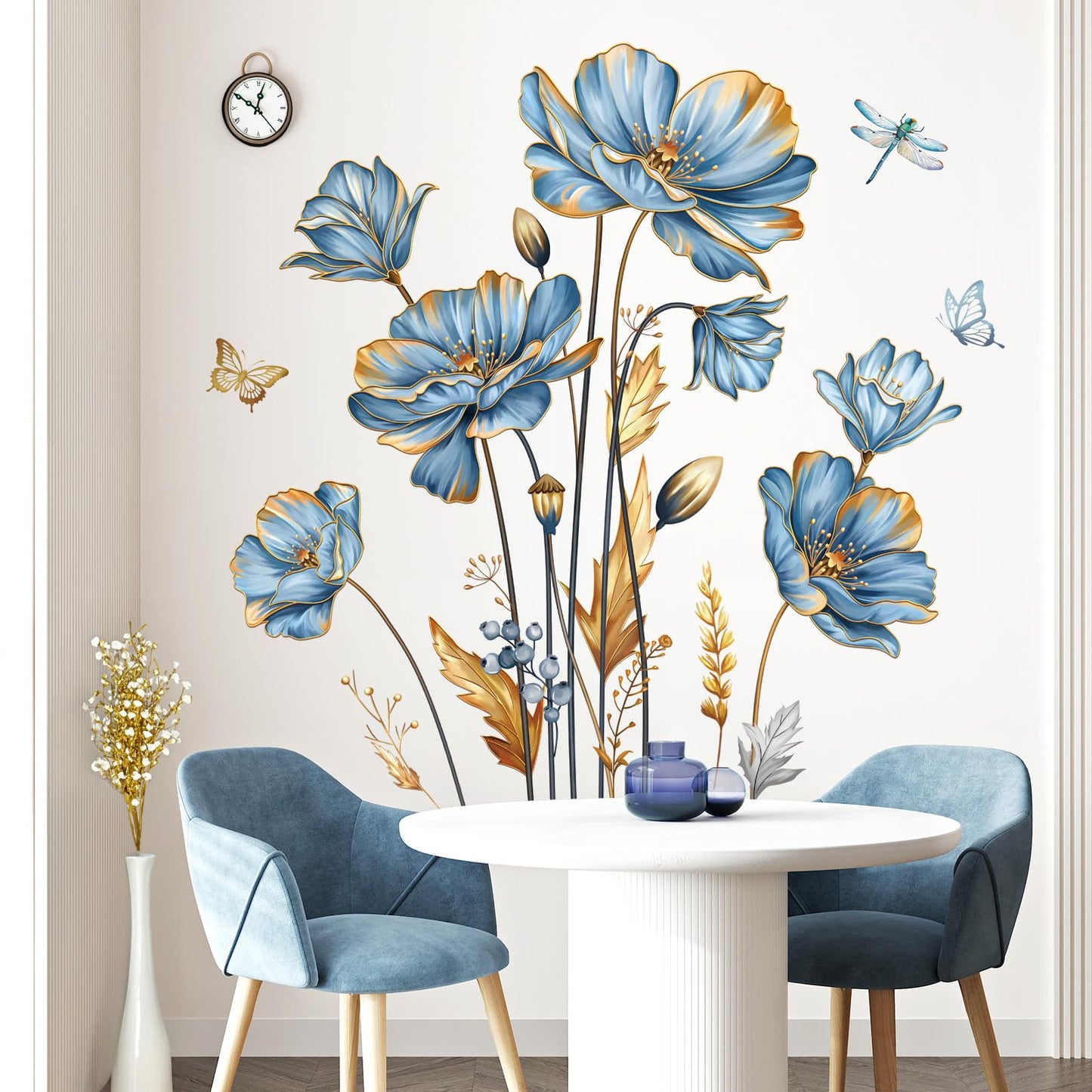 decalmile Large Blue Flower Wall Stickers Floral Butterfly Plants Gold Leaves Wall Decals Bedroom Living Room Sofa TV Background Wall Decor