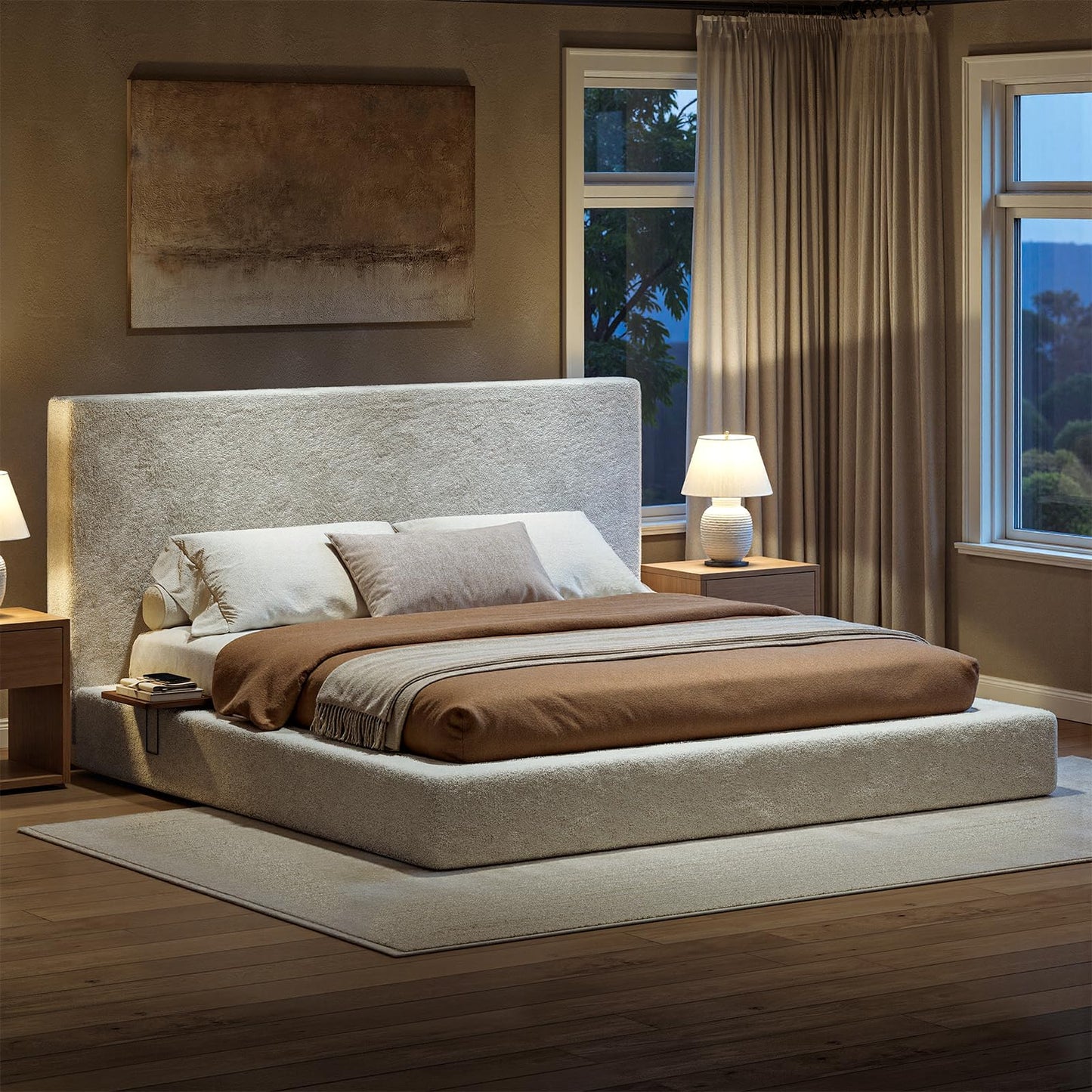 Evermagin White King Upholstered Bed Frame with Headboard,Soft Frame Cloud Bed with Adjust 2 Bedside Table,Modern Platform Cushion Bed Frame for Bedroom,No Box Spring Required, Easy Assembly