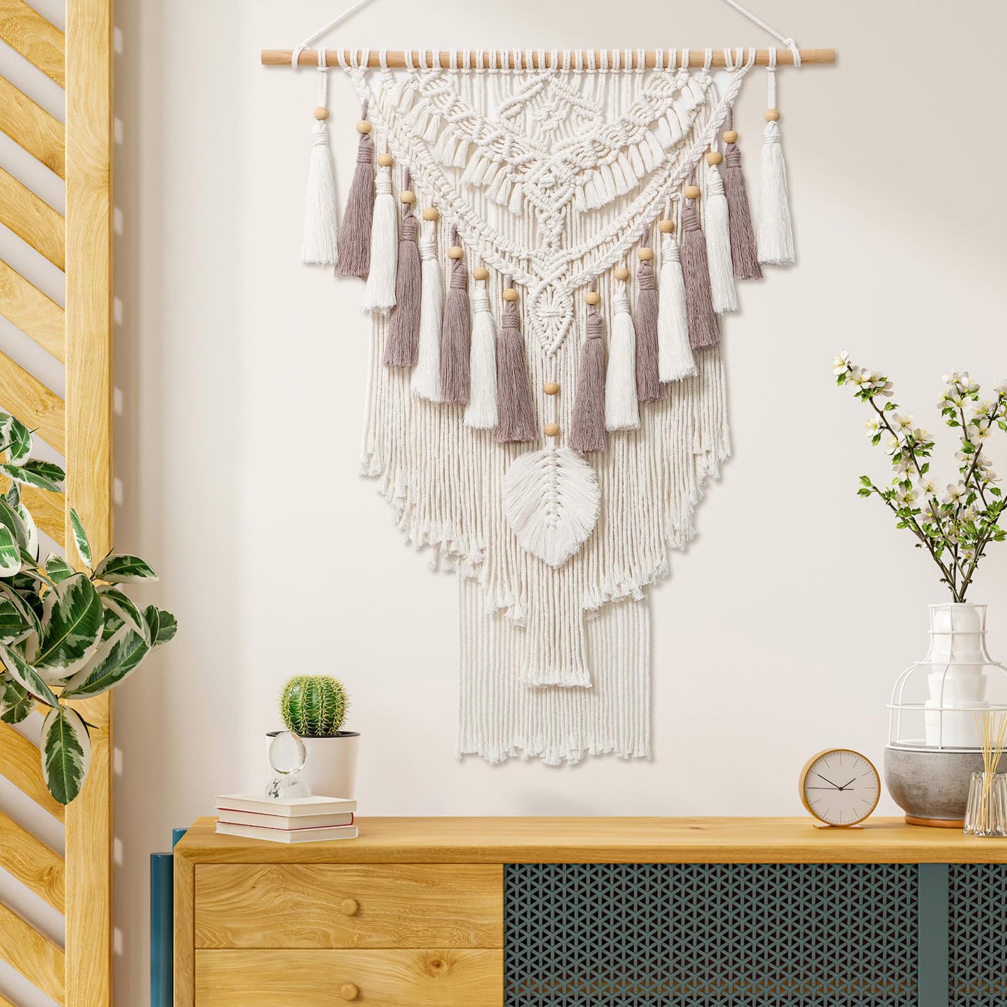 Dremisland Large Macrame Wall Hanging Woven Tapestry Beige Dusty Rose Handmade Tapestry Boho Chic Decor Large Wall Art for Home Apartment Living Room Bedroom Nursery Backdrop 37"x27.6" (Beige)