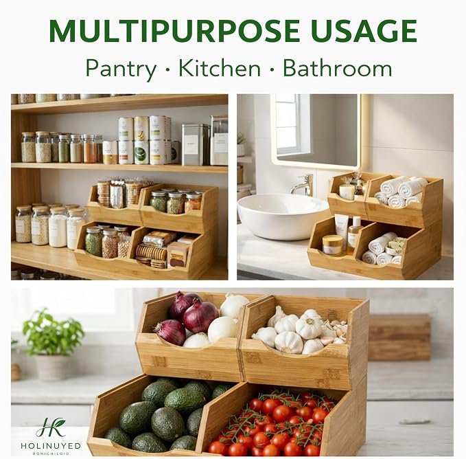 Bamboo Pantry Storage Bins Set of 3, Stackable Potato and Onion Storage Bin, Produce Organizer for Pantry, Wooden Fruit Vegetable Storage Bins with Handles & Slide-Out Access