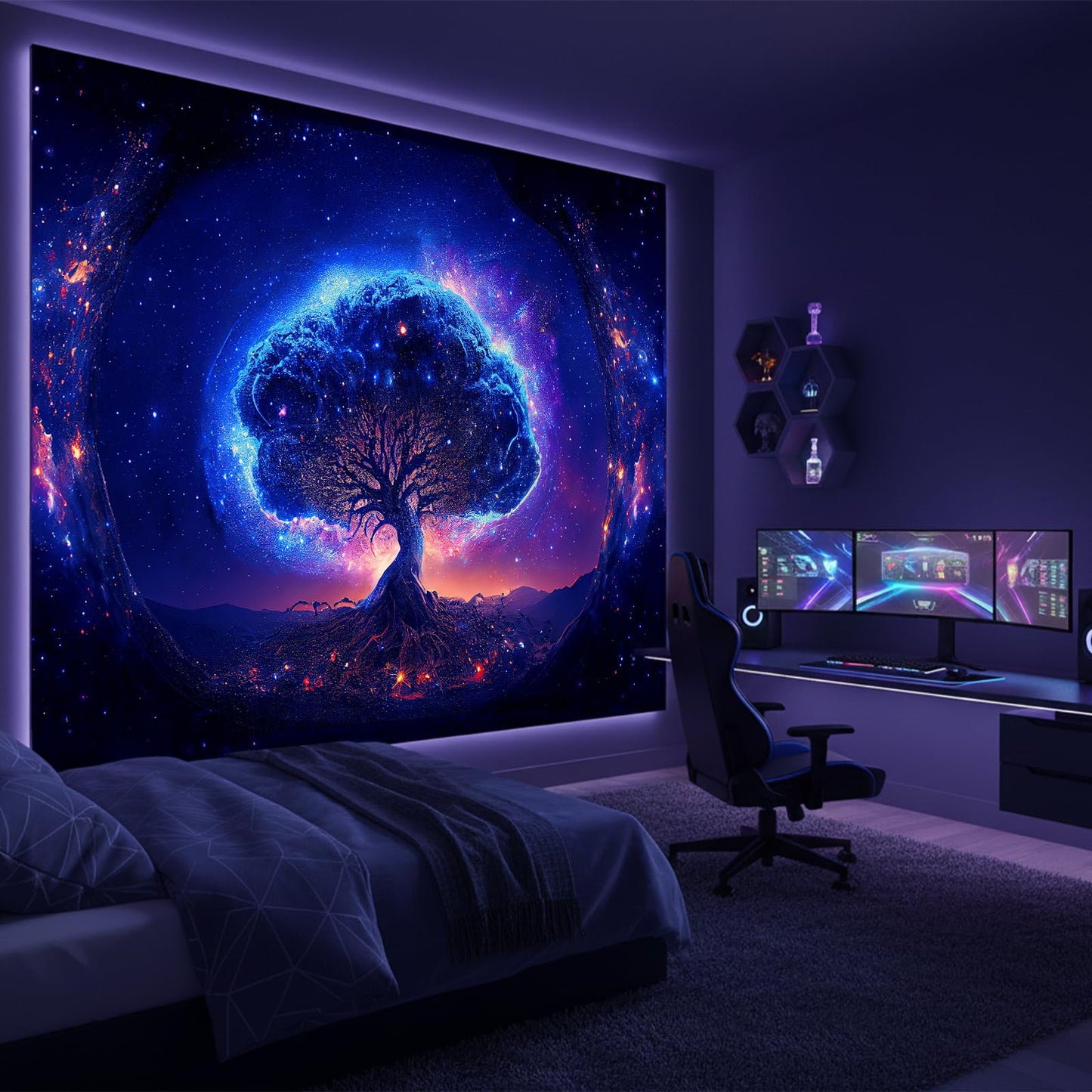 Avinyl Blacklight Tree and Space Tapestry for Bedroom, Aesthetic Cool Black Light Tree of Life Tapestries for Girl, Fantasy Stars Galaxy Wall Hanging for Living Room Teen Dorm Decor (51" x 60")