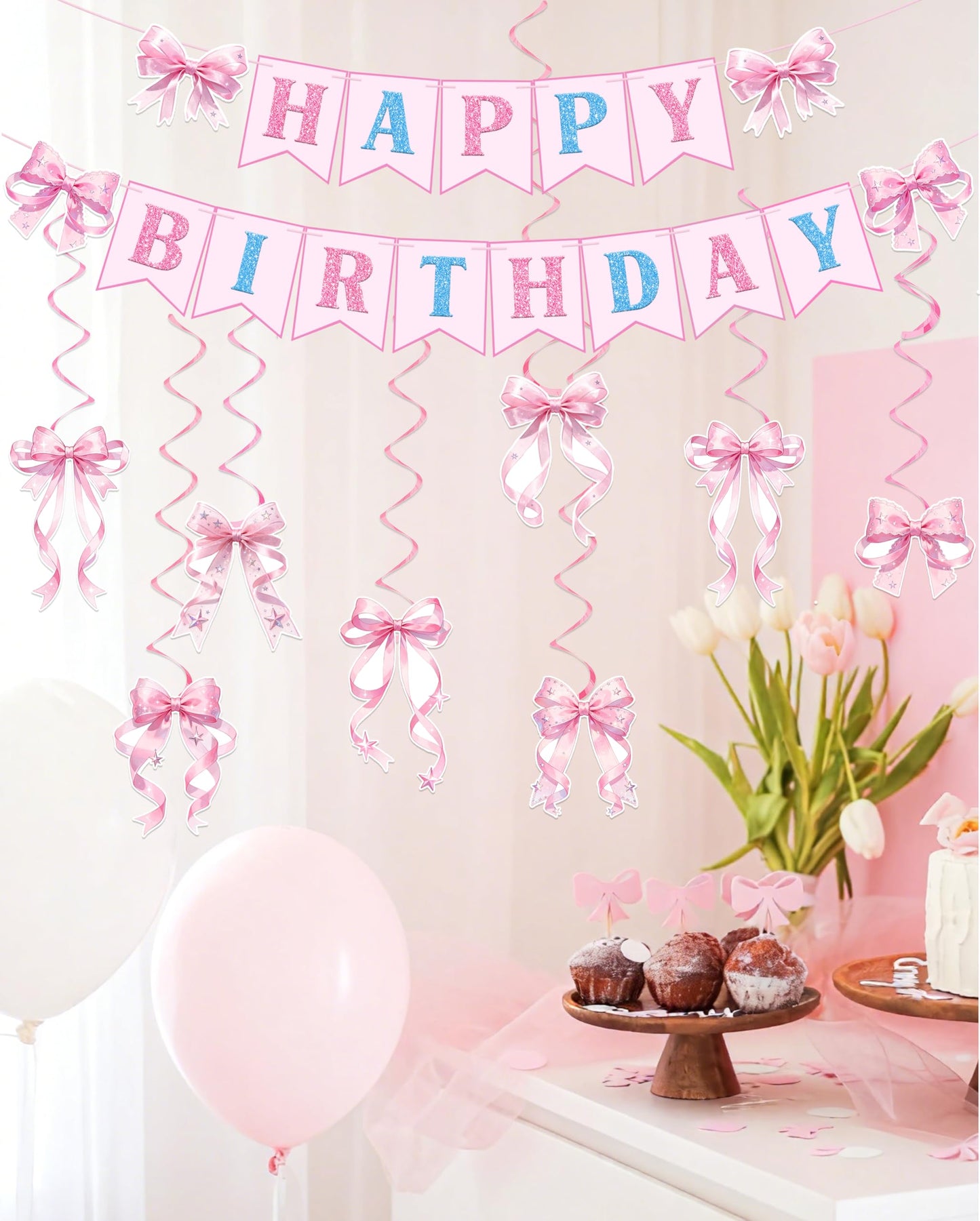 Pre-strung Pink Bow Happy Birthday Decorations - Happy Birthday Banner and Pink Bow Hanging Swirls Kit Decor for Girls Women Room Bachelorette Party