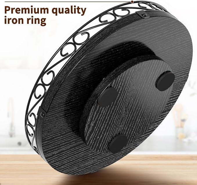 Yoobure 13" Lazy Susan Turntable for Cabinet - Farmhouse Wooden Round Tray for Table Top, 360° Rotating Lazy Susans Counter Organizer with Patterned Raised Edge for Kitchen Dining Table Decor, Black