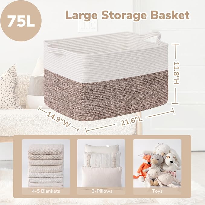 Goodpick Large Woven Blanket Basket 21.6" x 14.9" x 11.8" Storage Baskets for Organizing, Baby Laundry Basket with Handles, Toy Storage Baskets for Living Room Nursery, Brown