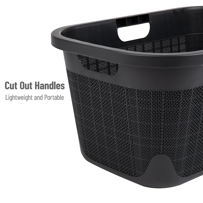 Mind Reader 40L Laundry Basket, Linen Design Clothes Hamper, Plastic Storage Bin with Handles, Black