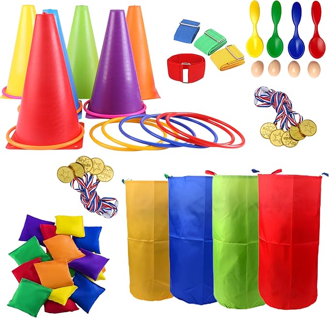 CircleCraft 53 Pcs. Plastic Cones and Rings Games Ring Toss Games for Adults Carnival Games Potato Sack Race Bags Egg & Spoon Bean Bag Birthday Party Outdoor Games for Family Party