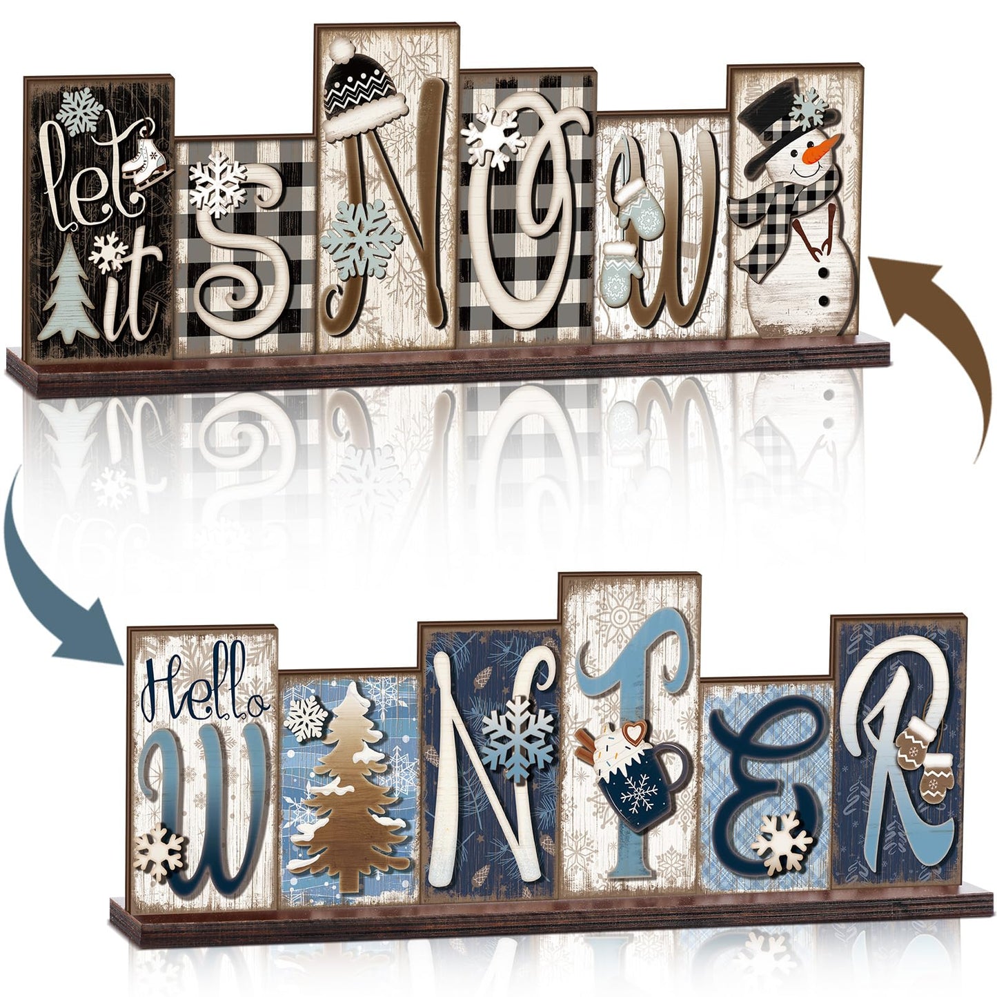Amyhill Winter Table Decoration Snowman Christmas Decor Reversible Winter Table Centerpiece Christmas Tiered Tray Decor Decorative Block Signs Farmhouse for Wonderland Party Home Kitchen Shelf