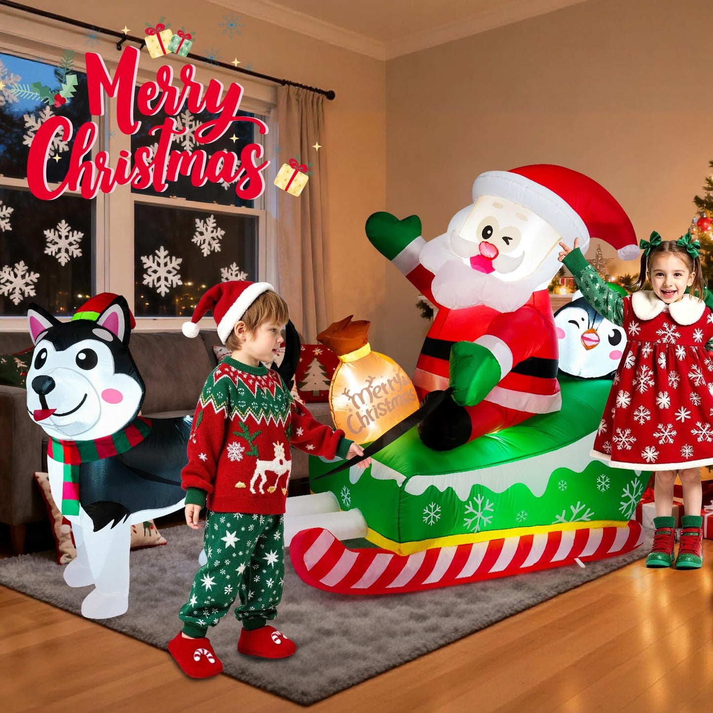 Meland Christmas Inflatables Outdoor - 9.5 FT Christmas Blow Ups Yard Decorations with Lights & Three Characters - Dog, Santa Clause on Sleigh, Penguin, Inflatable Decorations for Outside, Lawn Decor