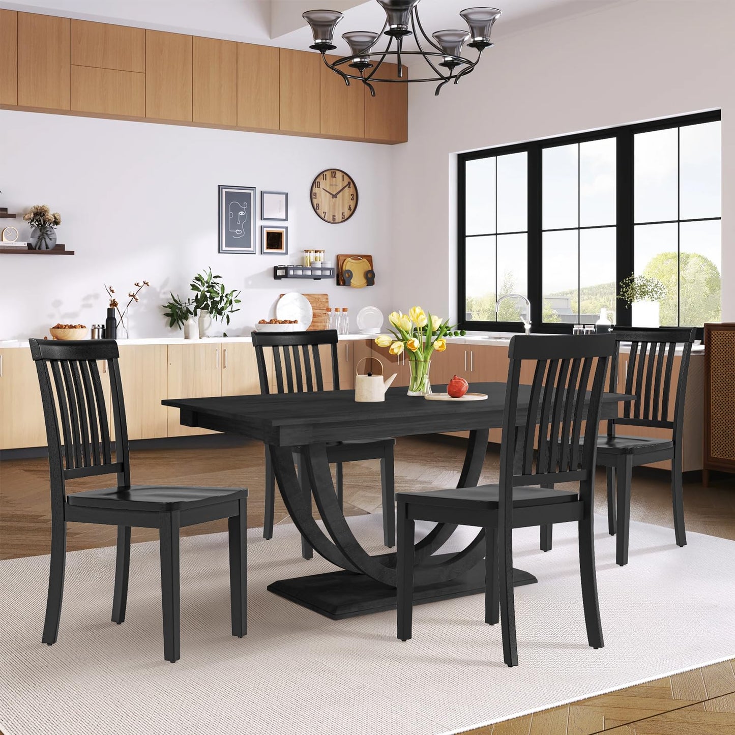 COLAMY Wooden Dining Chairs Set of 6, Solid Rubberwood Kitchen & Dining Room Chairs, High Spindle Back Windsor Style, Modern Dining Table Chairs, Non-Slip Foot Pads, Minimalist Home Furniture,Black