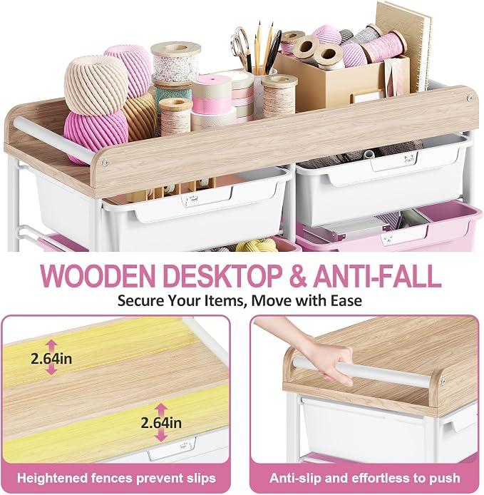 10 Drawers Rolling Cart with Wooden Tabletop, Utility Storage Cart with Wheels, Art Supply Craft Organizer on Wheel with Metal Frame & Handles for Home Office School,Pink