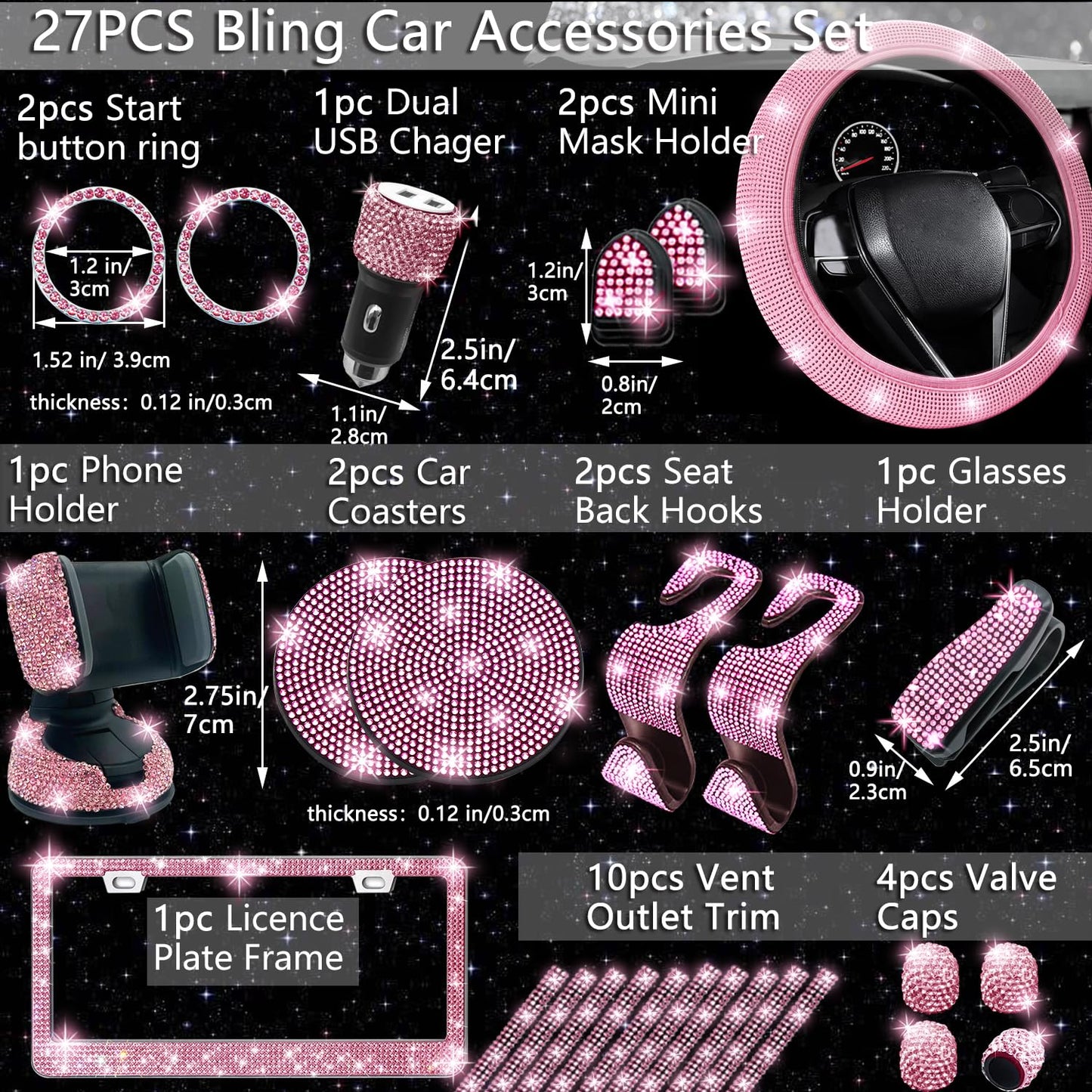 NBTEPEM 27-Piece Bling Car Accessories Set - Universal Fit Steering Wheel Covers, License Plate Frames, Phone Holder, Car Fast Charger, Coasters (Pink)