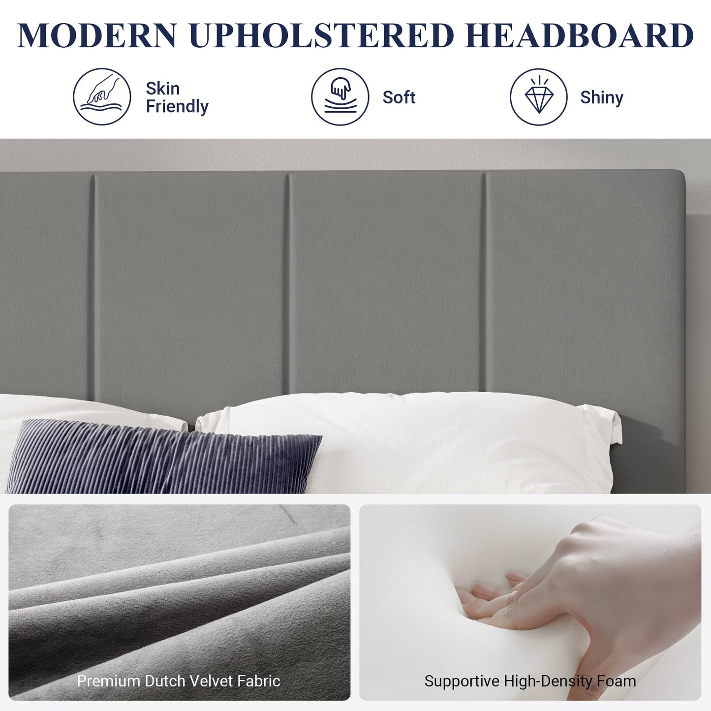 Allewie King Size Dutch Velvet Upholstered Platform Bed Frame/Vertical Channel Tufted Adjustable Headboard/Low Profile Bed Frame/No Box Spring Needed/Easy Assembly/Grey