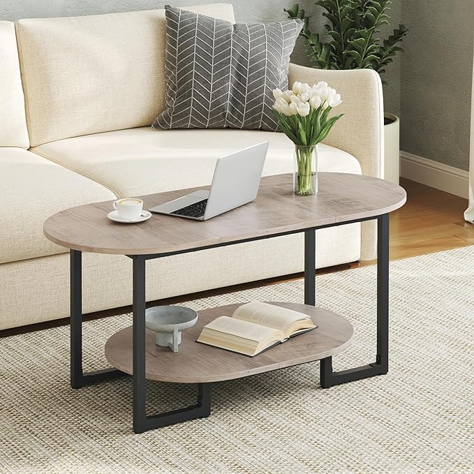 HOOBRO Coffee Table for Living Room, Oval Small Coffee Table with 2-Tier Open Storage Shelf, Industrial Cocktail Tea Table, Wooden Desktop Center Table, Farmhouse, Home Office, Greige BG09KF01