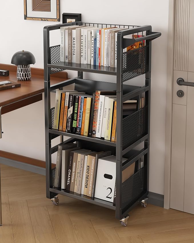 UMDONX Book Cart Heavy Duty Double-Sided with Silent Wheels & 3 Magnetic Book Supports Rolling Bookshelf Library Book Truck for Home, Office, or School