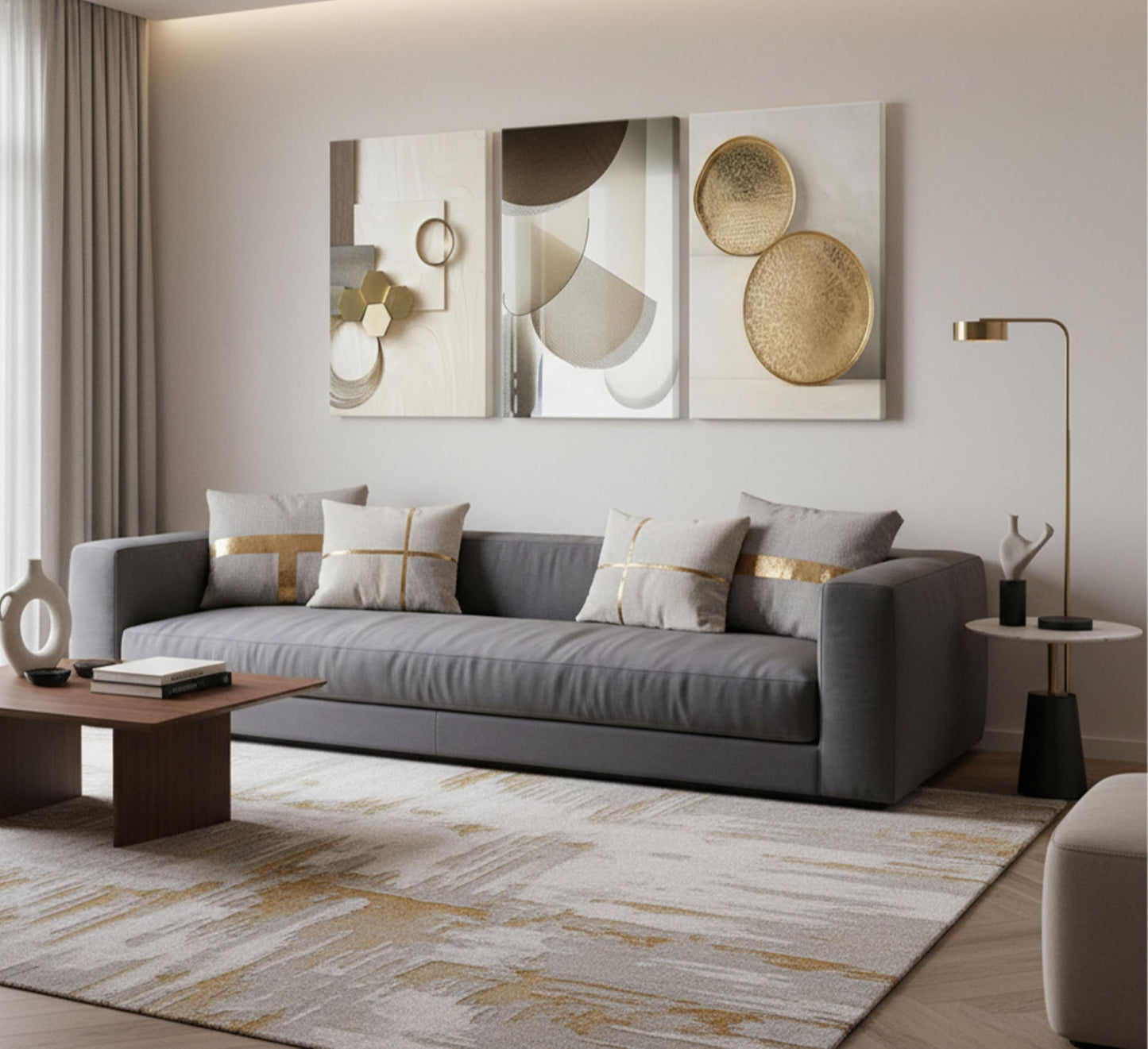 3 Pcs Abstract Gold Geometric Boho Canvas Wall Art Mid Century Modern Minimalist Aesthetic Luxury Metal Artwork Pictures Wall Decor Posters Prints for Living room Bedroom Office Home Decoration