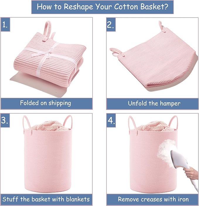 Large Pink Laundry Basket 15x20 Inches, 60L Woven Rope Hamper for Baby Girls and Kids, Tall Nursery Storage Bin, Kawaii Bedroom Laundry Hamper