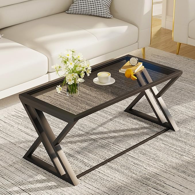 Wolawu Coffee Table Grey Glass Coffee Table for Living Room,Modern Rectangular Center Table with Sturdy Metal Frame,Tempered Glass Tables for Bedroom Home Office