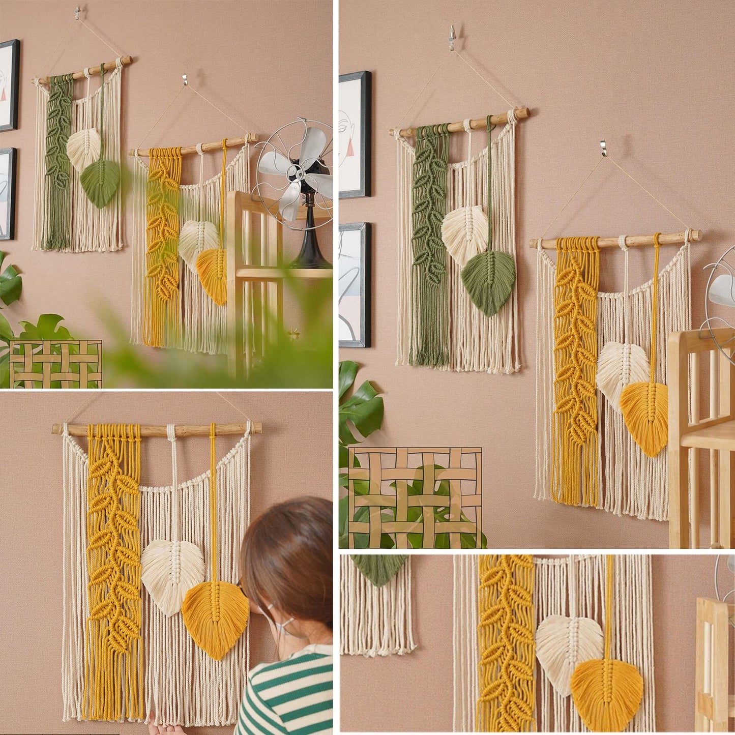 TITA-DONG Macrame Wall Hanging, Boho Woven Leaf Tassels, Modern Art for Bedroom Living Room Decor, Green Yellow(Green)