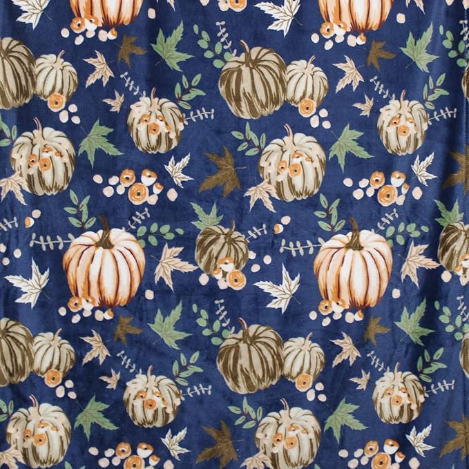 Fall Pumpkin Throw Blanket: Soft Orange White Pumpkins Leaves and Berries on Blue Background for Living Room Couch Bed Chair or Dorm