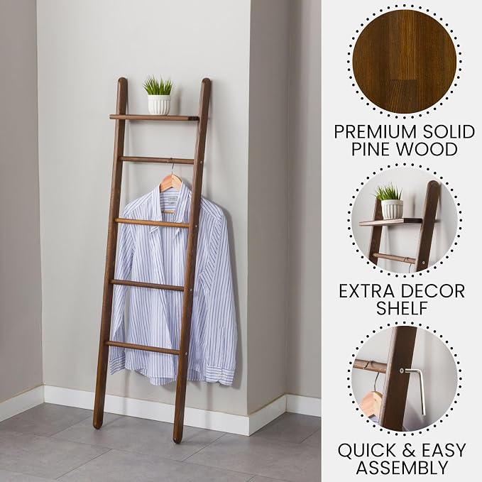 Solid Pine Wood Blanket Ladder for Living Room Bathroom Organizer Shelves, 7-Tier 5-Tier Freestanding Shelf, Freestanding Towel Rack Extra Storage, Wall-Leaning (Walnut, Medium)