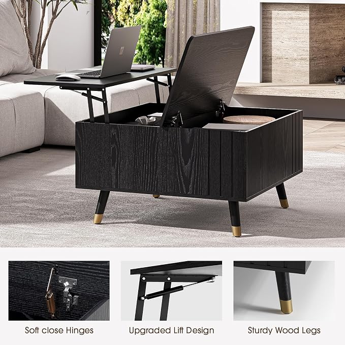 JOINICE 32" Square Lift Top Coffee Table with Storage, Modern Black Center Table for Living Room, Minimalist Wood Cocktail Table with Rising Desktop, Home Office