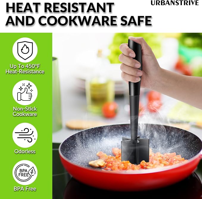 Urbanstrive Heavy Duty Meat Chopper for Ground Beef, Durable Ground Beef Smasher, Non-Scratch Hamburger Chopper, Non-slip Ground Meat Chopper and Meat Masher Ground Beef (Black)