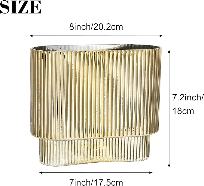 Ribbed Vase, Gold Glass Vase for Flowers, Gold Flower Vases for Tulips, Modern Vases for Living Room, Dining Table, Office, Bedroom, Mantle, Shelf, Wedding, 7 Inch