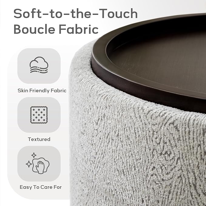 Zihanhome 30 Inch Round Storage Ottoman, Ottoman Coffee Table with Lift Off Lid, Boucle Modern Ottomans with Storage for Living Room, Bedroom, Apartments (White and Gray Striped)