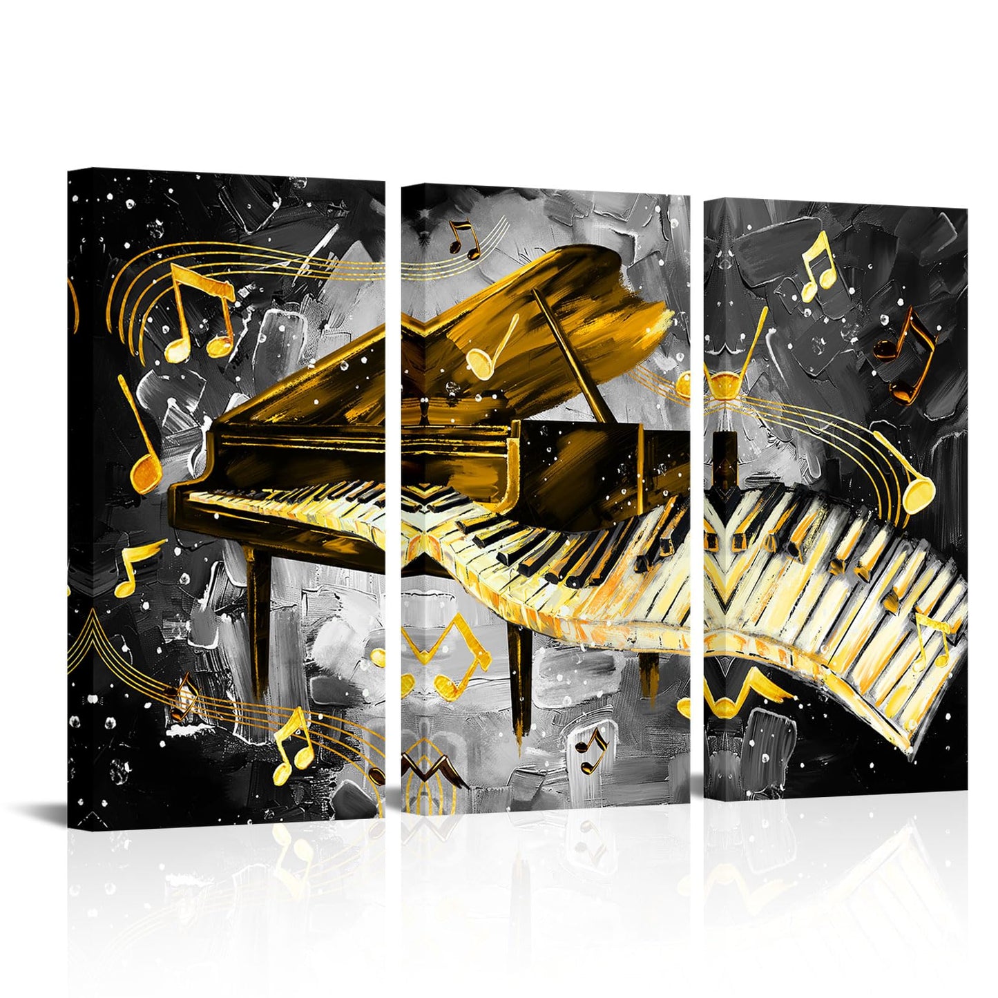iHAPPYWALL 3 Pieces Piano Canvas Wall Art Black and Gold Music Picture Panting Prints Musical Notes Instrument Contemporary Artwork For Bedroom Classroom Decoration Ready to Hang