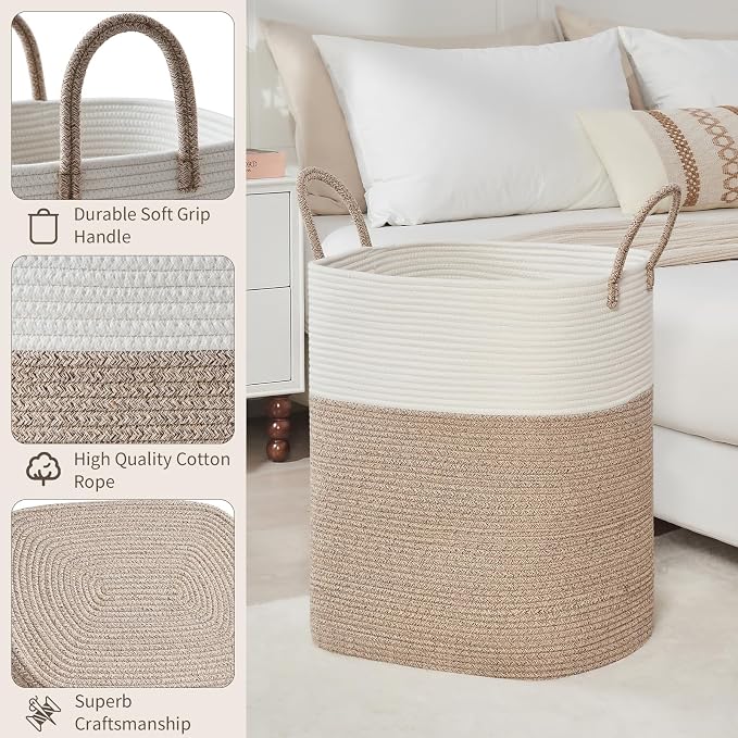 AINUOQI Laundry Basket with Handles - Blanket Basket & Hampers for Bedroom Aesthetic, Laundry Hamper & Blanket Storage for Living Room, Clothes Hamper, Tall, Large 17" x 14" x 26”, White & Rice Brown