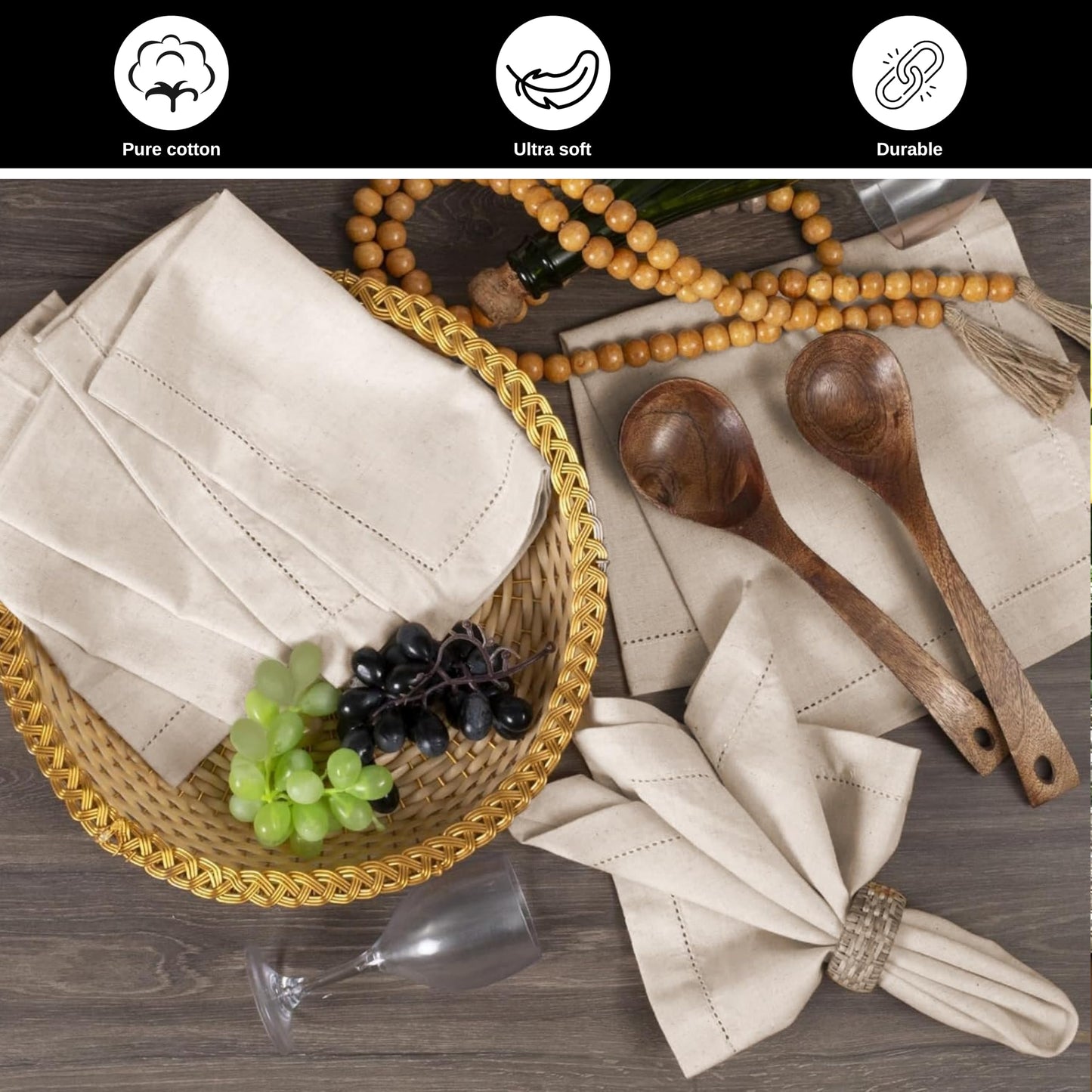 Homidate Linen Flax Cotton Cloth Dinner Napkins Set of 12 – 18x18 Natural Fabric with Hemstitched Mitered Corners – Machine Washable Wedding, Cocktail & Party Table Napkins