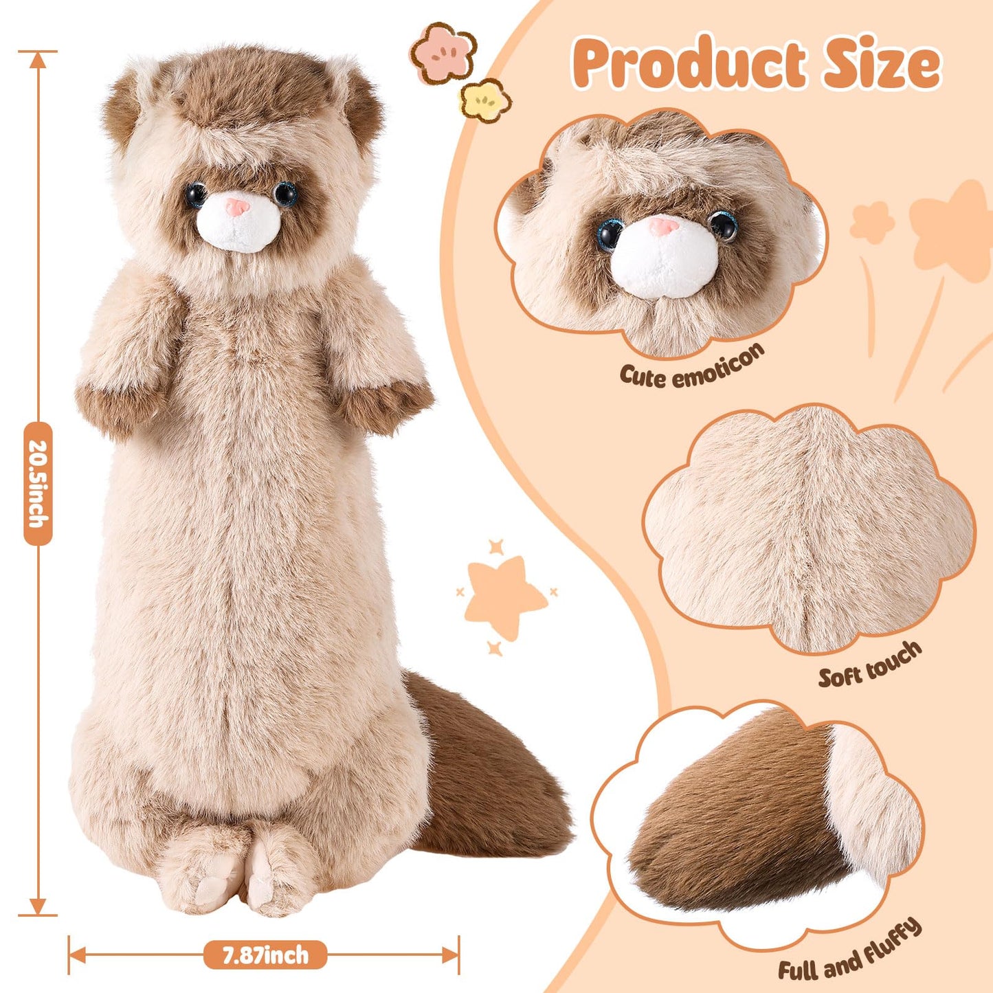 ZJoey 20.5 Inch Ferret Plush Stuffed Animal Long Cute Ferrets Pillow Soft Doll Stuffed Cute Toys Animals Lover Gift Kid Birthday Holiday Party Favor(Brown Ferret)