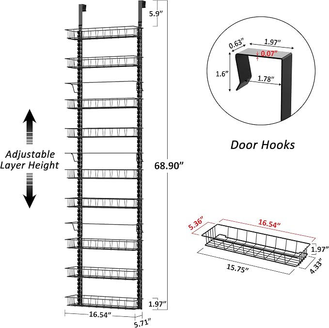 Churboro Over the Door Pantry Organizer Rack with 9 Adjustable Baskets, 9 Tiers Dual-use Hanging or Wall Mount Spice Rack Organizer, Black