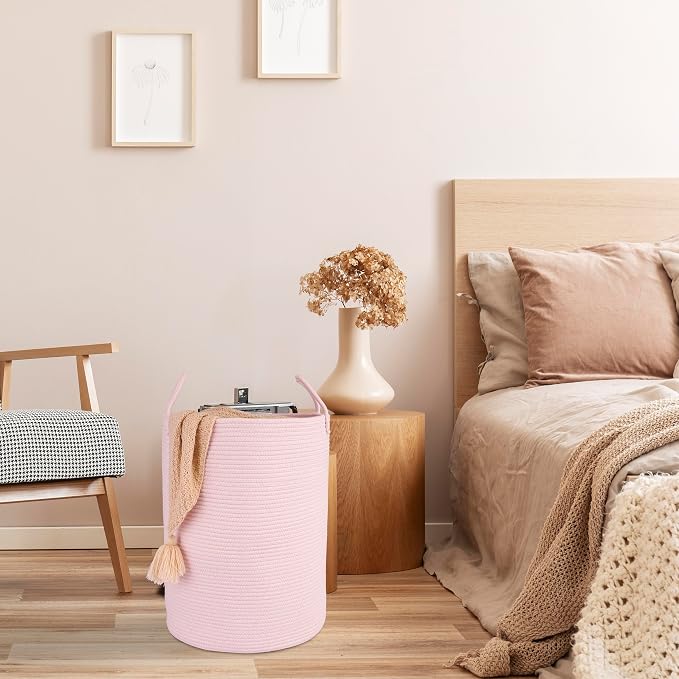 XUANGUO Cotton Rope Laundry Basket Hamper for Clothes Woven Storage Basket for Living Room Bedroom Boho Tall Rope Baskets for Blanket Toys Pillow Towels Baby Nursery Hamper Bin Large light pink