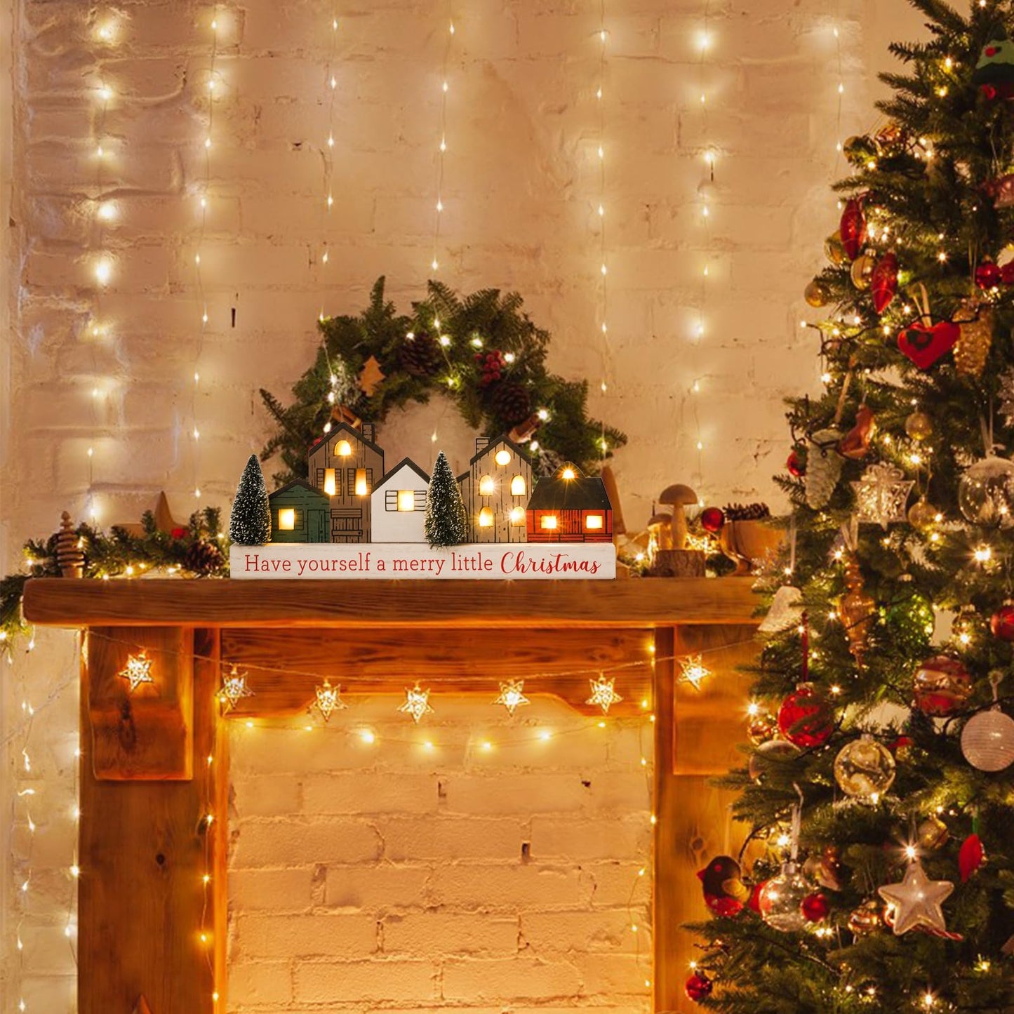 Christmas Decorations for Home Led Lighted Merry Christmas Tree Decor with Timer Wooden Rustic Farmhouse Tabletop Block Xmas Party Holiday Signs