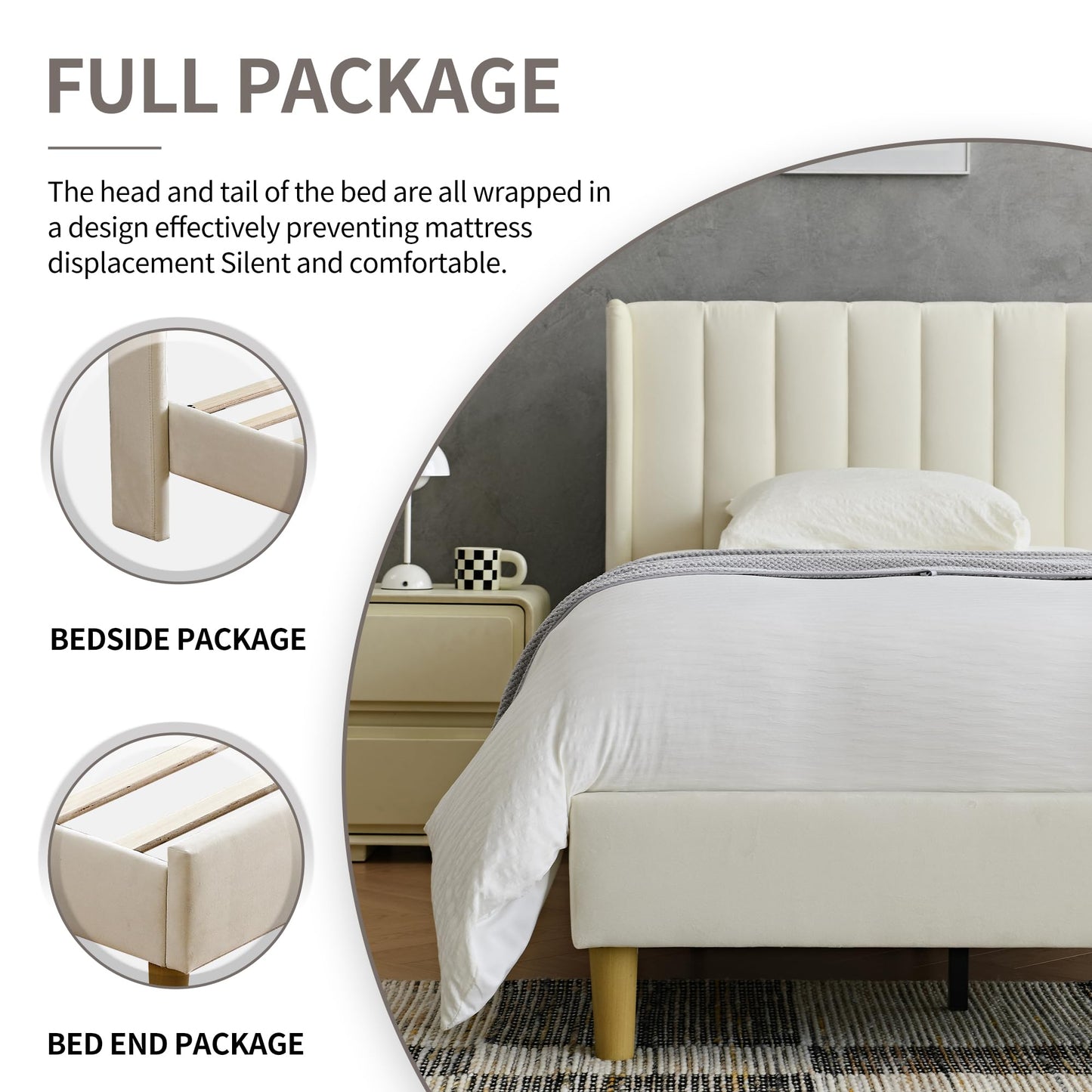 YUHUASHI upholstered Platform Bed Frame/Full Bed Frame/Modern Geometric Double-Wing Design headboard/Velvet Fabric/Easy to Assemble no Noise (Cream, Full)