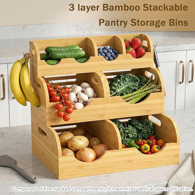 Upgraded 3 Tier Bamboo Pantry Storage Bins,Large potato storage With 2 Banana Hangers,Stackable Potato and Onion Storage Bin with Airflow Vent, Pantry Baskets, Vegetable Storage,for Kitchen Countertop