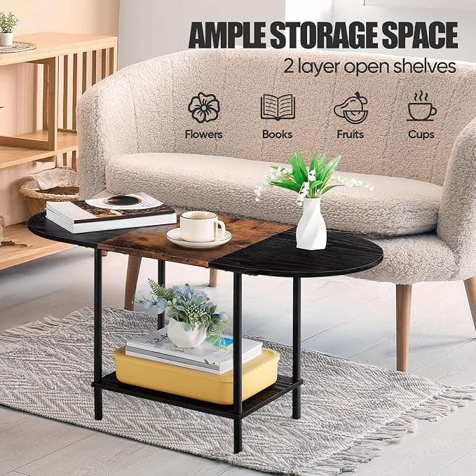 Coffee Tables for Living Room,Mid Century Small Oval Center Table with 2-Tier Storage Shelf and Wood Tabletop,Farmhouse Narrow Cocktail Tea Table for Small Space,Apartment,Black Brown