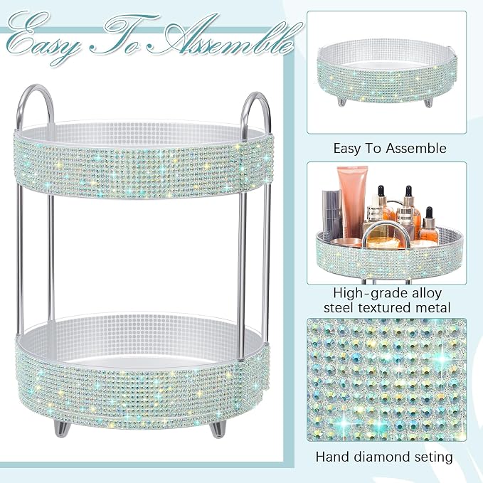 Honeydak 360 Rotating Perfume Organizer Gift for Women, Rhinestone Preppy Skincare Organizer Bathroom Counter Makeup Holder Skincare and Perfume Storage for Cosmetic(2 Tiers,Resin Diamond,AB Color)