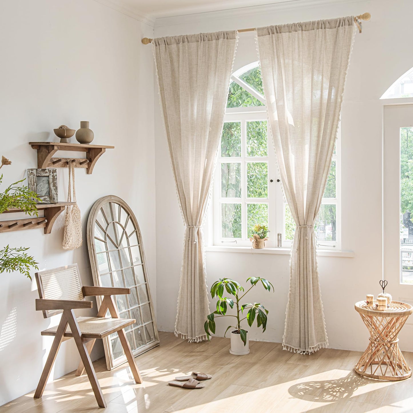Setaback Boho Curtains for Bedroom Living Room 84 Inch 2 Panels with Tassels, Soft Linen Texture Semi Blackout Sheer Privacy Curtains Window Drapes Rod Pocket, 52" x 84", Natural, 2 Panels