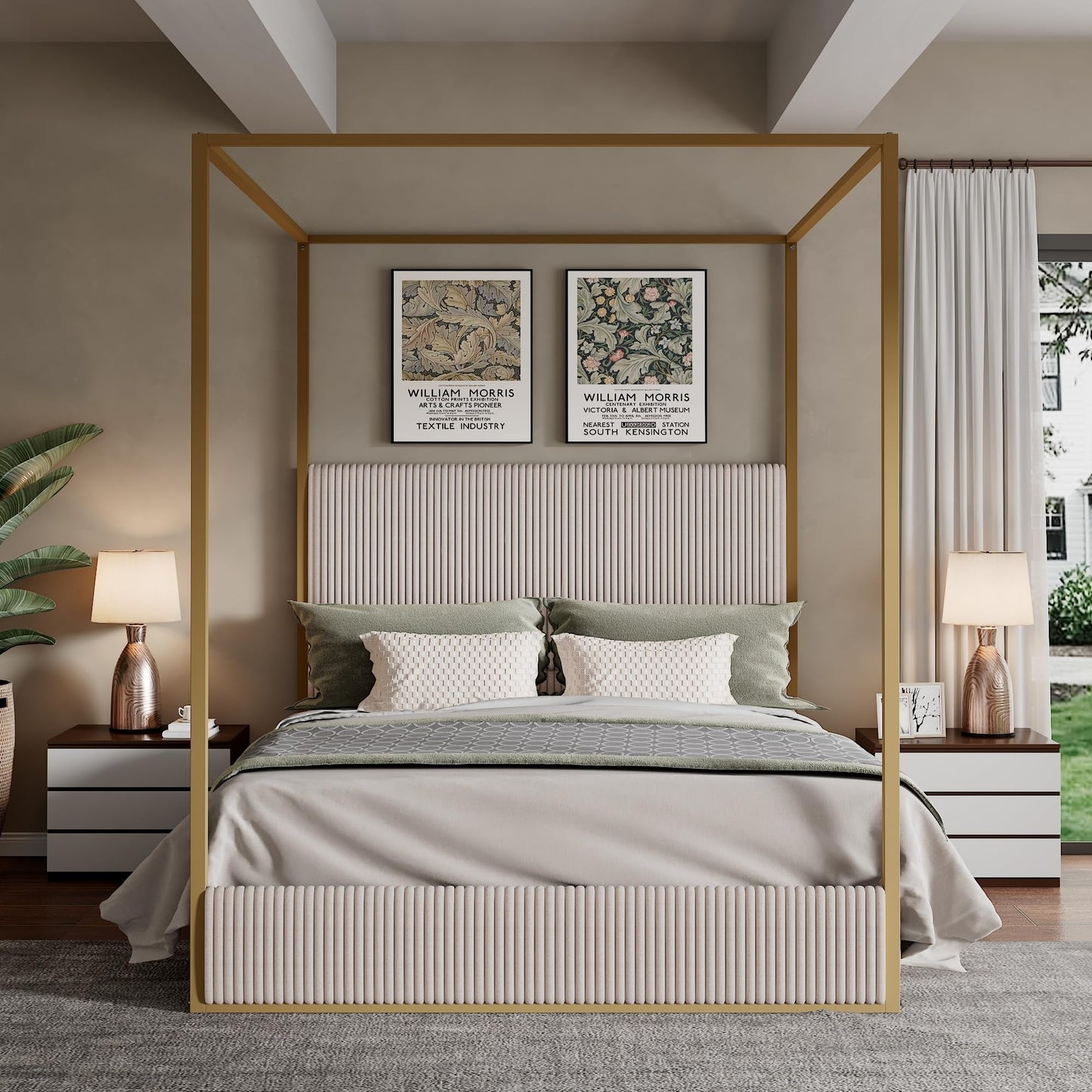 Merax Modern Luxury Queen Metal Canopy Bed with Tall Upholstered Headboard, Gold Four Poster Bed, No Box Spring Needed, Beige