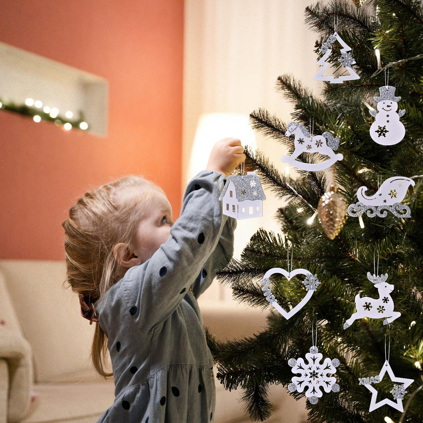 27Pcs Pieces Christmas Wooden Tree Decorations, White Silver Hanging Ornaments Set, Winter Holiday Party Snowflake Elk Snowman Decor Crafts for Xmas Wonderland Home Door Wall Window Box (White Silver)