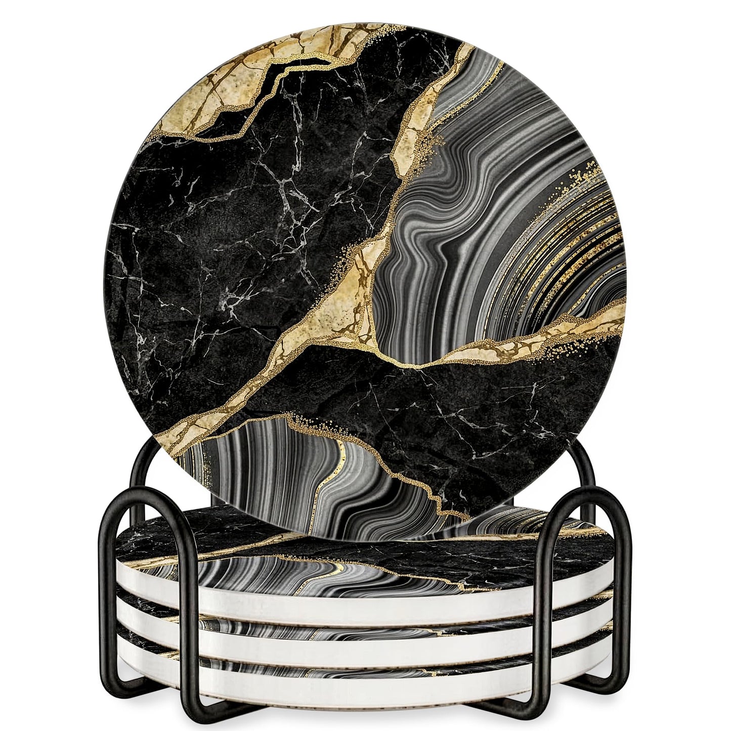 Elegant Black & Gold Marble Ceramic Coasters - Set of 4 with Black Metal Holder - Round Drink Coasters for Coffee, Tea, Whiskey, Wine - Stylish Home & Kitchen Decor
