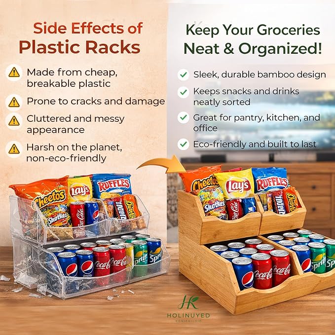 Bamboo Pantry Storage Bins Set of 3, Stackable Potato and Onion Storage Bin, Produce Organizer for Pantry, Wooden Fruit Vegetable Storage Bins with Handles & Slide-Out Access