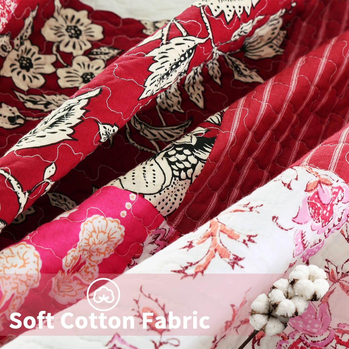 BOV Farmhouse Quilt Queen – 100% Cotton Patchwork Reversible Quilt Bedding Set, Pink Floral Cotton Quilt with Abstract Geometric Design, Bohemian Quilt Set with 2 Pillow Shams, Farmhouse Bedspreads