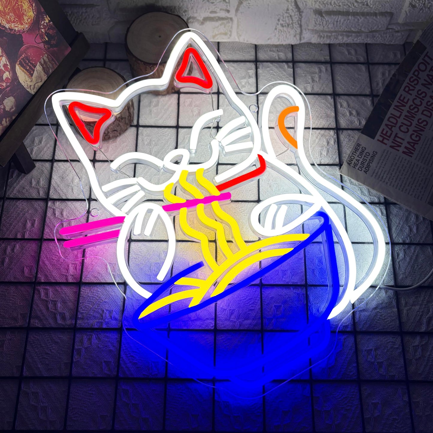 Fortune Cat Ramen Neon Sign, Dimmable Japanese Lucky Cat Noodle LED Neon Sign for Wall Decor, USB Powered for Restaurant Bar Party Bedroom Birthday Gifts(15.7 * 12.7in)