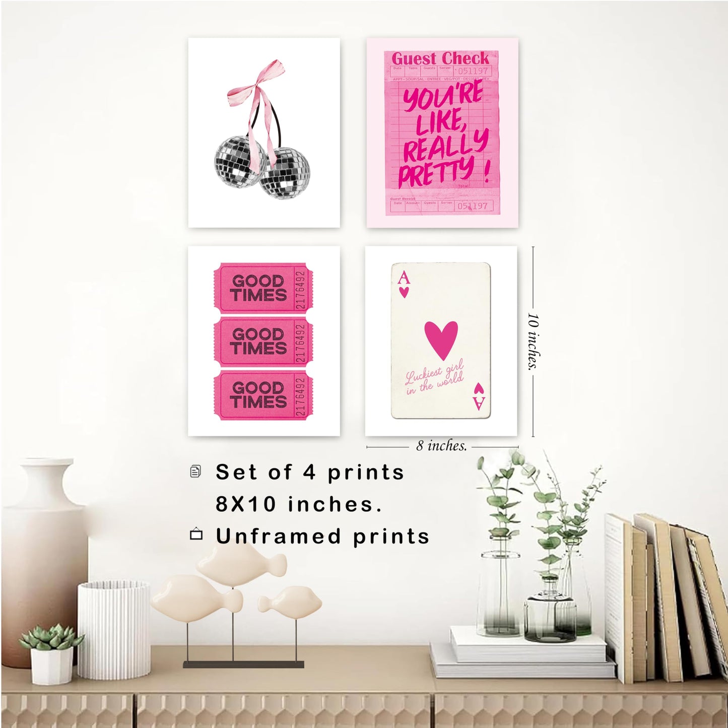 okaxscm Hot Pink Trendy Preppy Wall Art Prints Set of 4, Coquette Preppy Room Decor Aesthetic, Pink Room Wall Decor, Pink Cherry Disco Ball Wall Decor Posters for Girls Bedroom Dorm, 8x10 Unframed