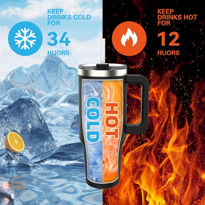 40 oz Tumbler with Handle,Tumbler with Lid and Straw,Double Wall Insulated Cup Stainless Steel Travel Mug(Cold for 34 Hours),Water Bottle for Iced Tea,Coffee,Cold Beverages(Black)